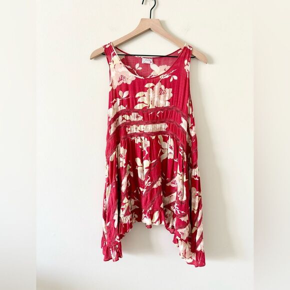 Free People Intimately Tank Tunic/Dress in Red Blush Floral with Lace Accents- M - Picture 3 of 7
